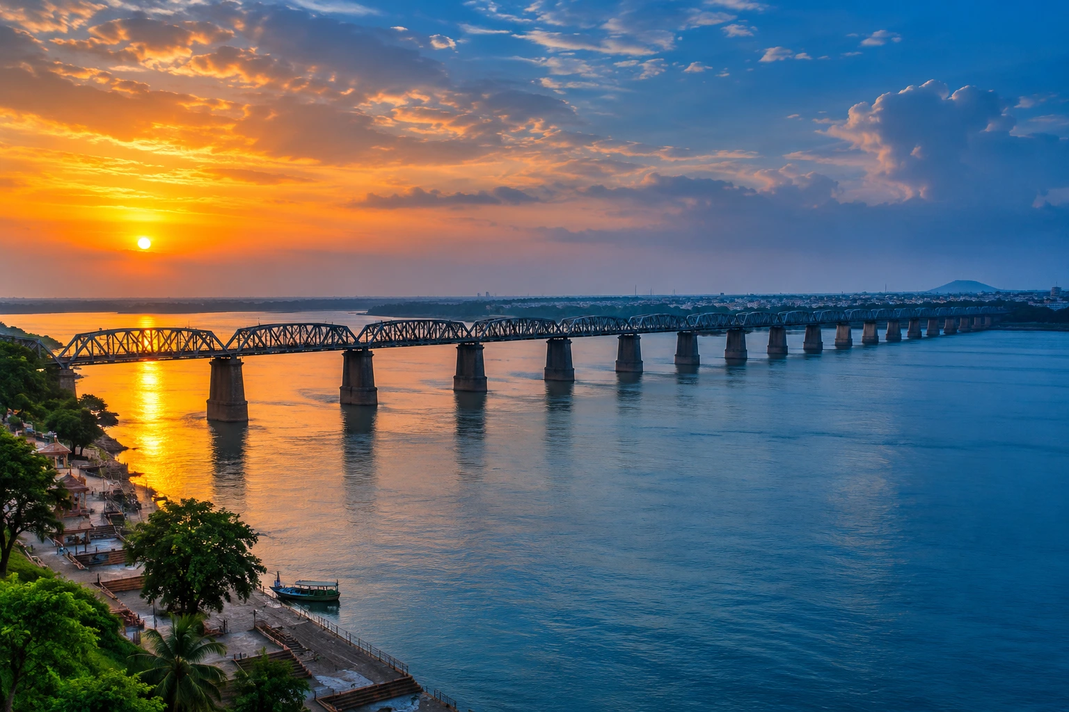 Illustrated sunset over the Godavari River and a bridge in Rajahmundry